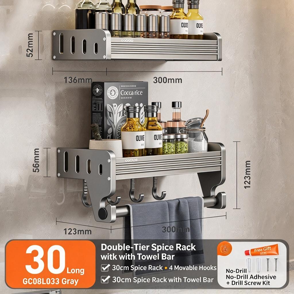 Kitchen Storage Rack Wall Mounted Knife Holder & Spice Organizer Multi-functional Seasoning Storage Shelf for Home No Drilling