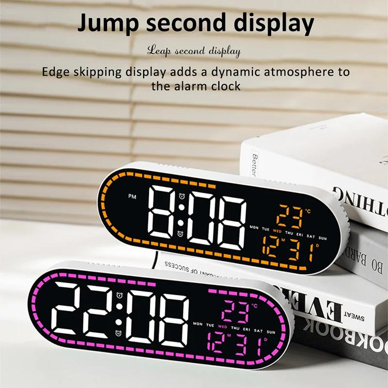 Digital LED Wall Clock Two Sets of Alarms Temperature Date Week Display Timing Function Electronic Clock for Bedroom Decoration