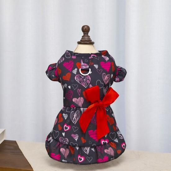 Hundekleid mit roter Schleife Herz-Aufdruck Flatterärmel Rüschensaum Haustier Kostüm Outfit Bekleidung für kleine Hunde Katzen