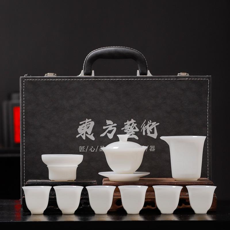 

Ice Seed Jade Porcelain Kung Fu Tea Set, Household White Porcelain Suet Jade Office Ceramic Cover Bowl Teacup, A Complete Set