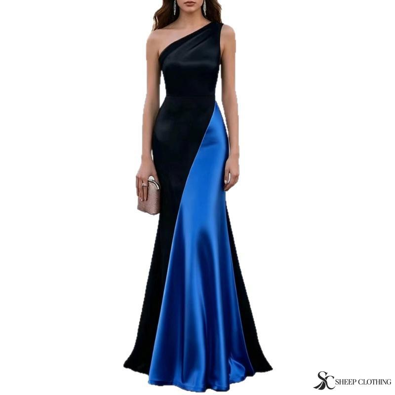 Vestido Largo de Mujer con un Hombro Estilo Sirena Bloque de Color Cola de Pez Elegante Vestido de Fiesta Nocturna