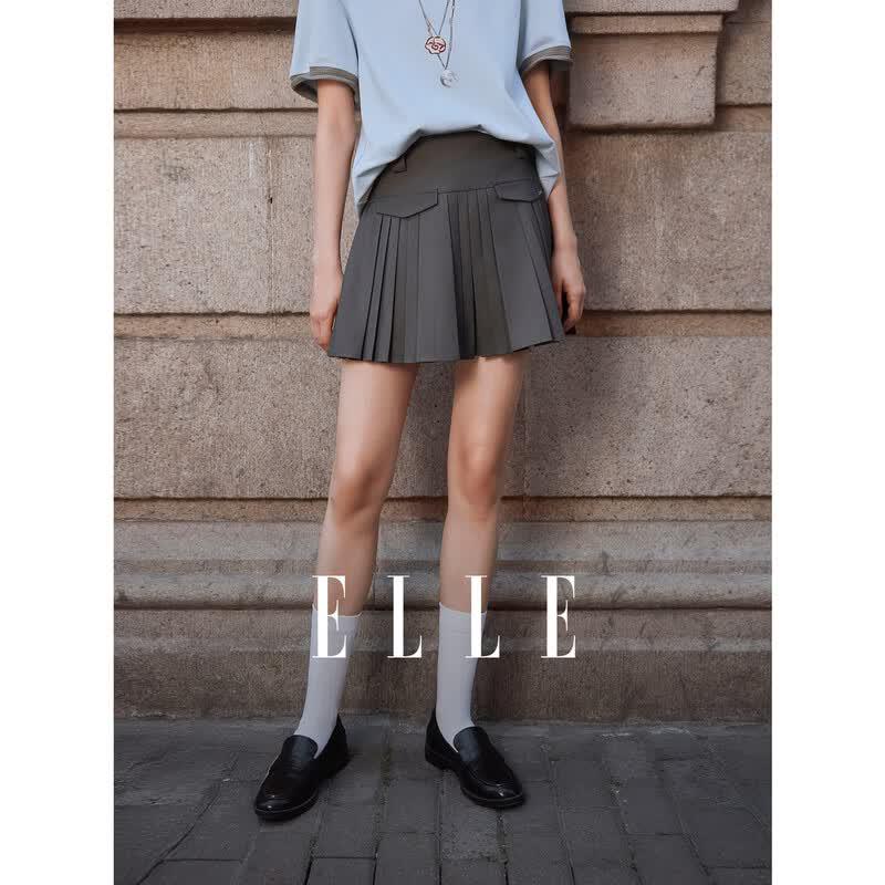 ELLE 2026 Fall Grey Pleated A-Line Mini Skirt XL