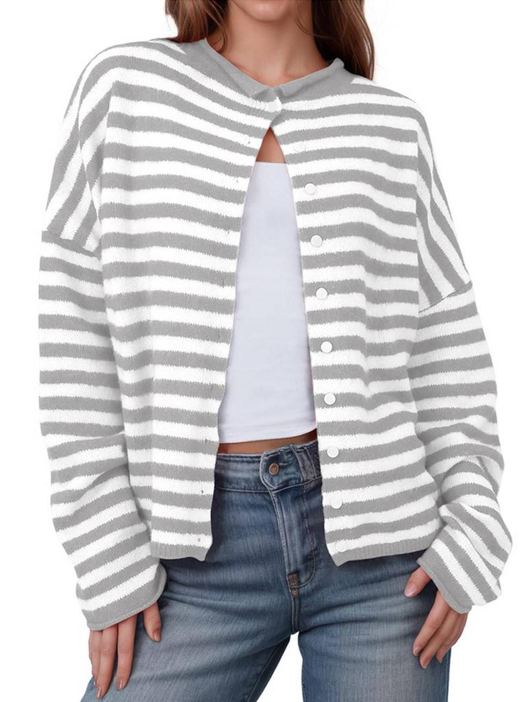 Women's Button Coat Striped Color-Contrast Long-Sleeved Cardigan