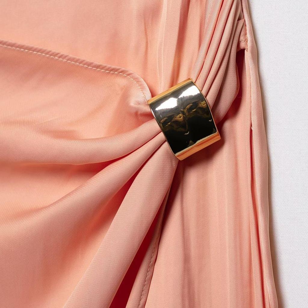 2025 Summer Gold-Trimmed Pink Silk Midi Skirt Set