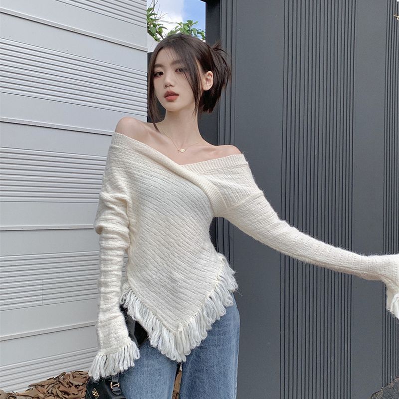 

Пуловер нерегулярной формы с кисточками, осенний элегантный женский уникальный дизайн, тонкий пуловер с длинными рукавами, модный уличный однотонный топ M белый
