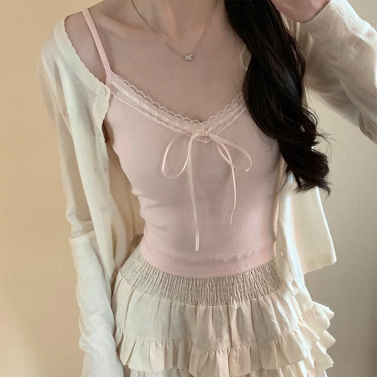 Sleek Lace Trim Camisole Tank with Chest Pads: Backless, Bow-Accented for Women