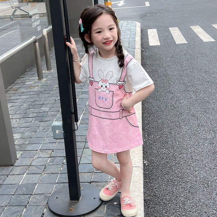 Girls Summer Korean Princess Dress with Fake Layered Suspender Design