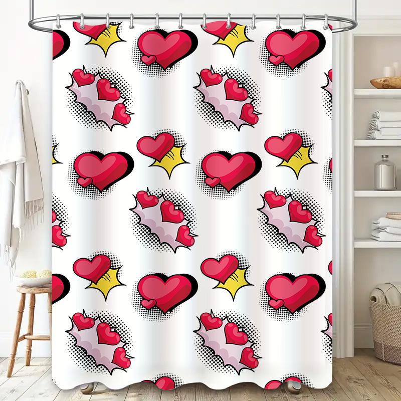 Pop Art Shower Curtain with Red Heart Print Bathroom Decor Customizable Size Waterproof Fabric for Home Decor