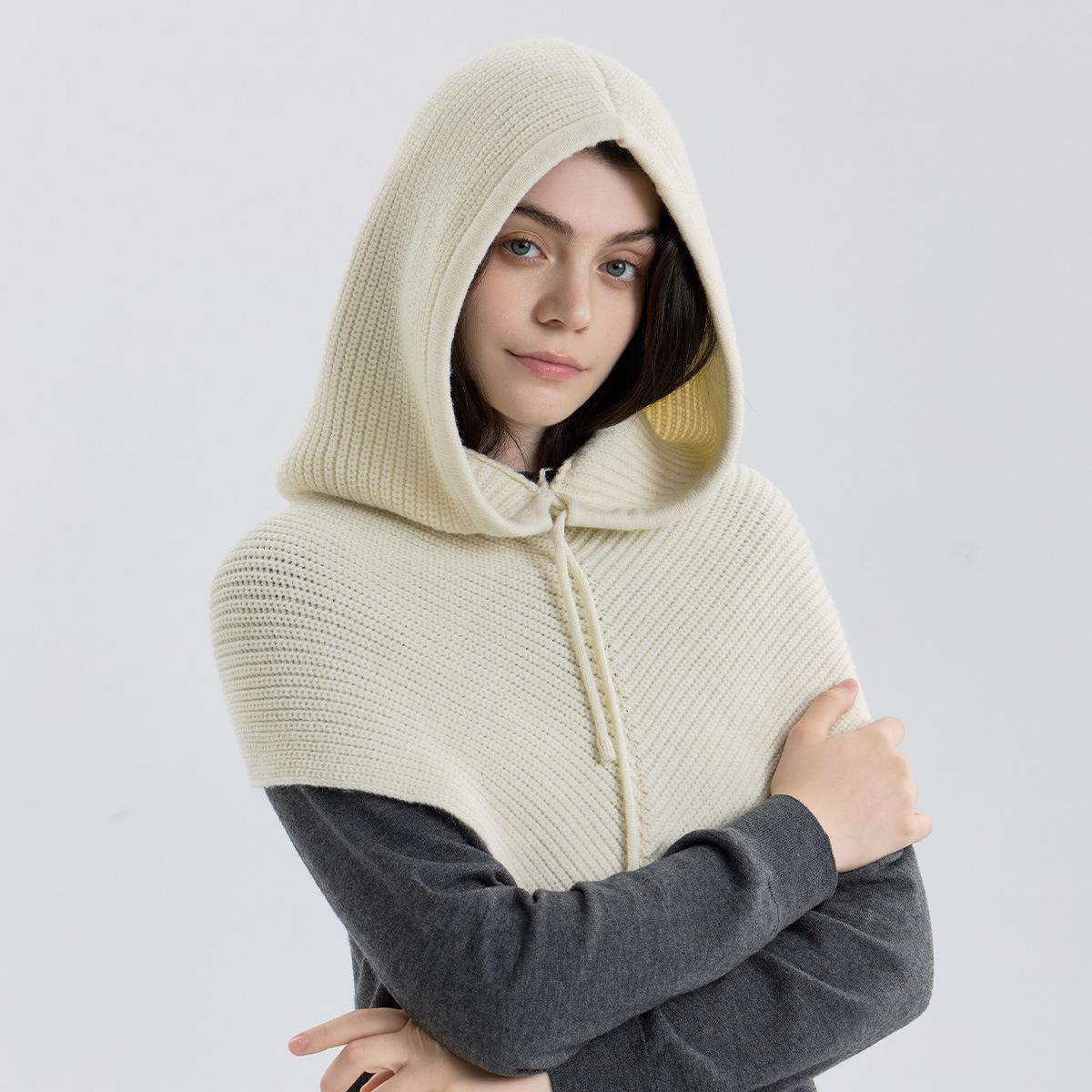 

C1002 High quality Winter Balaclava Hat Scarf Women Knitted Hooded Caps Outdoor Warm One-Piece Neck Collar Beanies Hats Girls бежевий