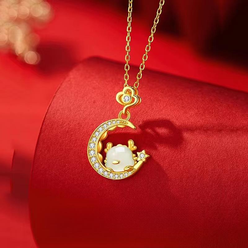 Drachenjahr Stern Mond Niedliche Drachen Halskette Damen Anhänger Leichter Luxus Nische Designgefühl Neujahrsgeschenk Geschenk für Freundin