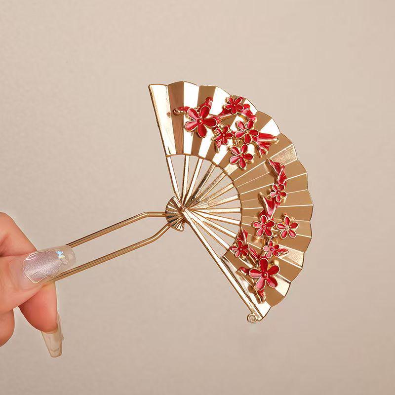 Ancient Peach Blossom Fan Tassel Hairpins: Traditional Chinese Qipao & Hanfu Hair Accessories for Women