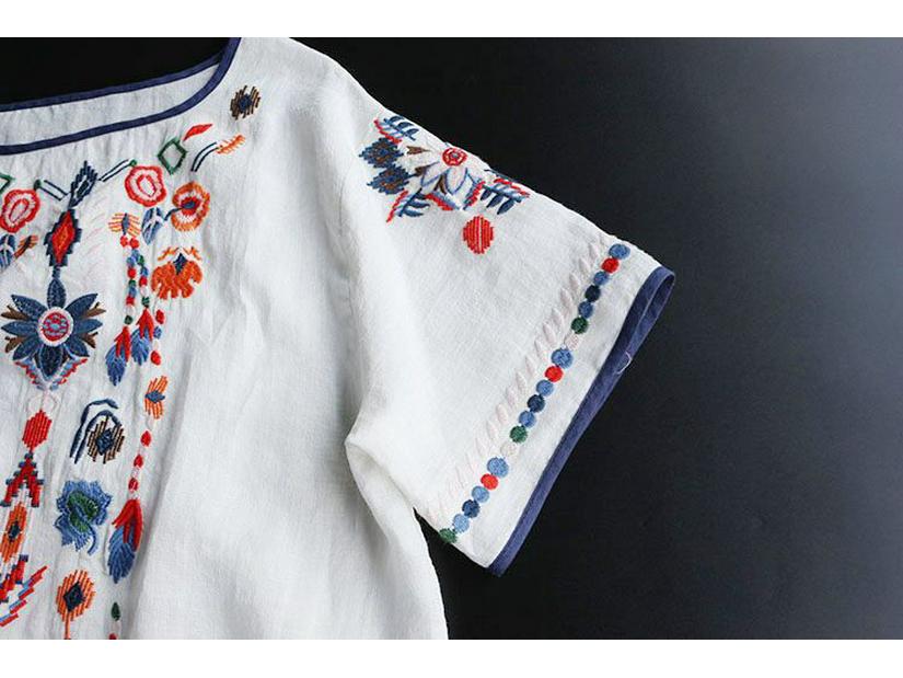 T-shirt d'été ethnique pour femmes en coton lin brodé - Coupe ample rétro, polyvalent grande taille, haut à manches courtes