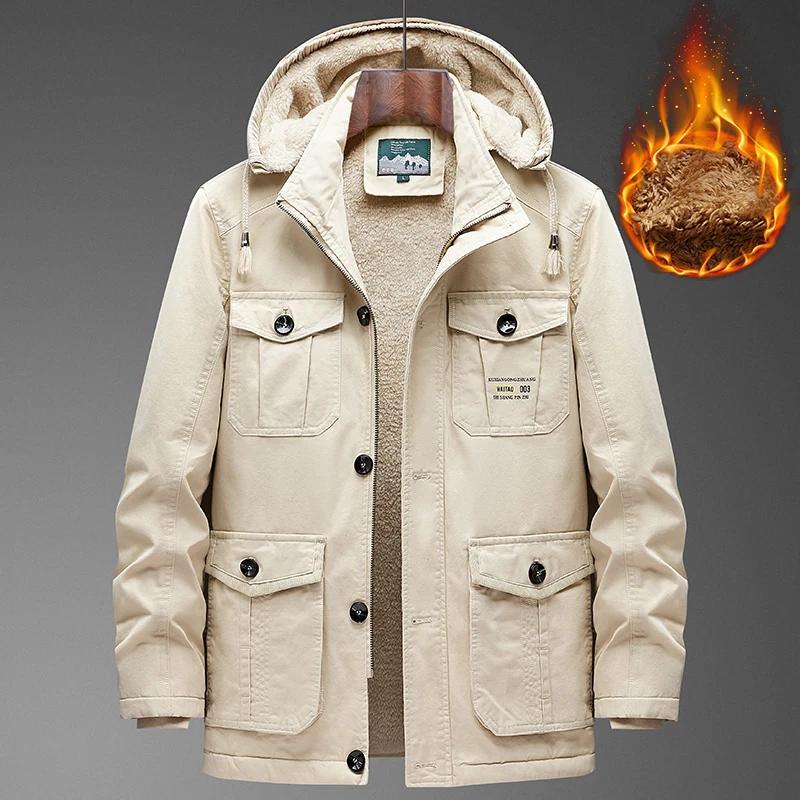 Men Winter Thick Warm Parka Coat Fleece Inside Linning Outdoor Parka Coat Hooded Windbreaker Military Thick Warm Outerwear