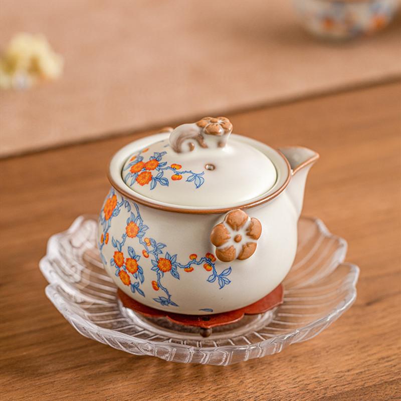 90ml Chinese Ru Kiln Ceramic Hand Grab Pot Handmade Flowers Pattern Teapot Beauty Tea Infuser Kettle Tea Pot Portable Tea Set