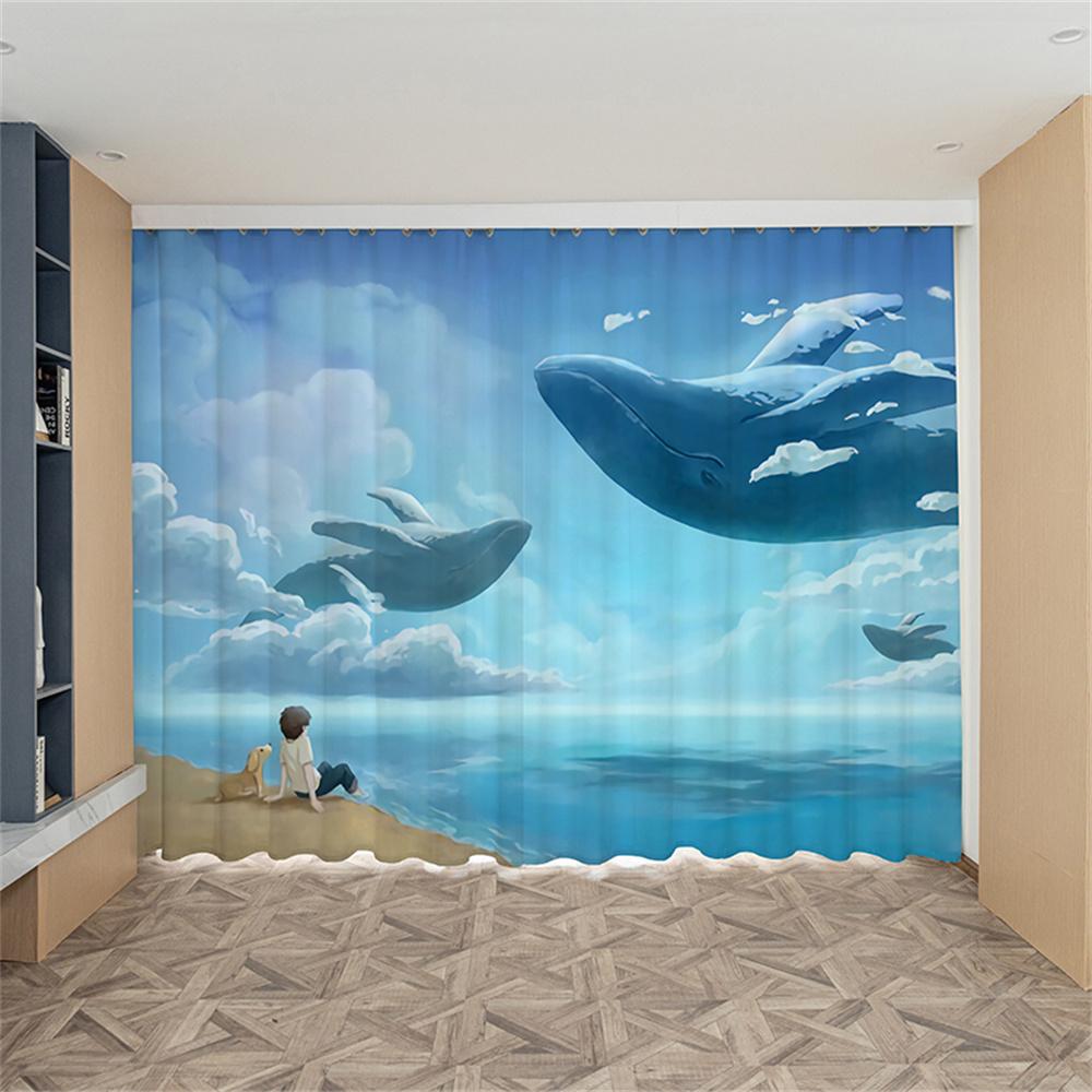 Cartoon Whale Cetacean Animal Ocean Rainbow Kids Window Curtains Blinds for Living Room Bedroom Kitchen Door Home Decor 2Pieces