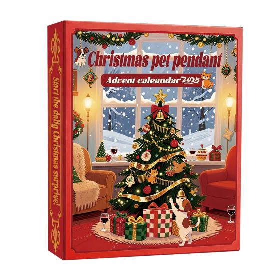 Julekjæledyranheng Adventskalender 2025 24 dager Akryl Dyrepynt med Krage-ringer Morsom Nedtellingsgave for Kjæledyreelskere & Treddekor