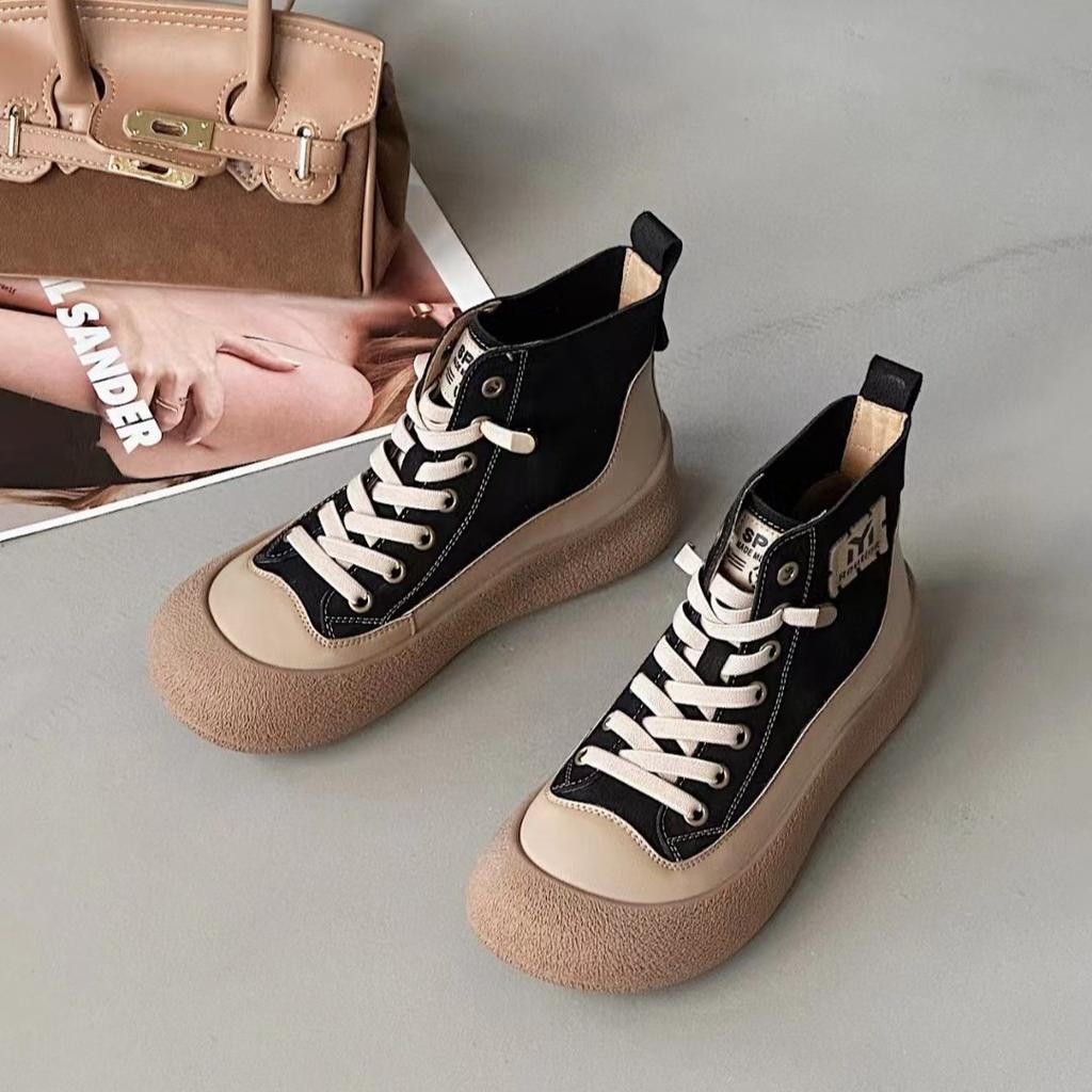 Spring New First-layer Cowhide Thick-soled Color Matching Retro One-pedal High-top Shoes Versatile Casual Sports Board Shoes