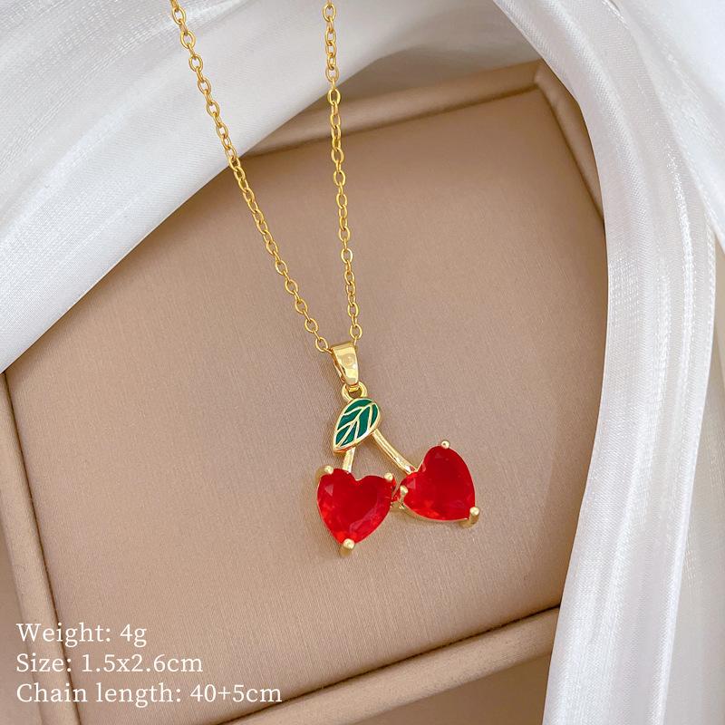 

Cute Red Heart Zircon Cherry Pendant Necklace for Women Girls Stainless Steel Chain Sweet Cherry Jewelry Accessory Gifts