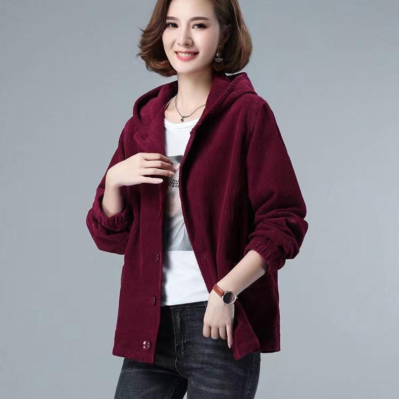 Corduroy Short Coat Women's Spring Autumn Loose Hooded Jacket Fashion Casual Coat