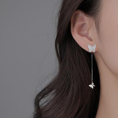 1 Par de Pendientes Largos para Mujer, Pendientes de Botón con Diseño de Doble Mariposa con Borla Micro-pavimentados con Circonita Cúbica, Pendientes Largos Colgantes Statement