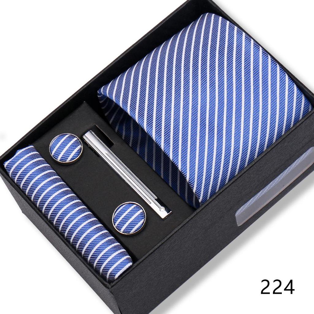 Men's Black & Wine Red Striped Plaid Tie Set with Pocket Square - Formal Wedding Gift Box