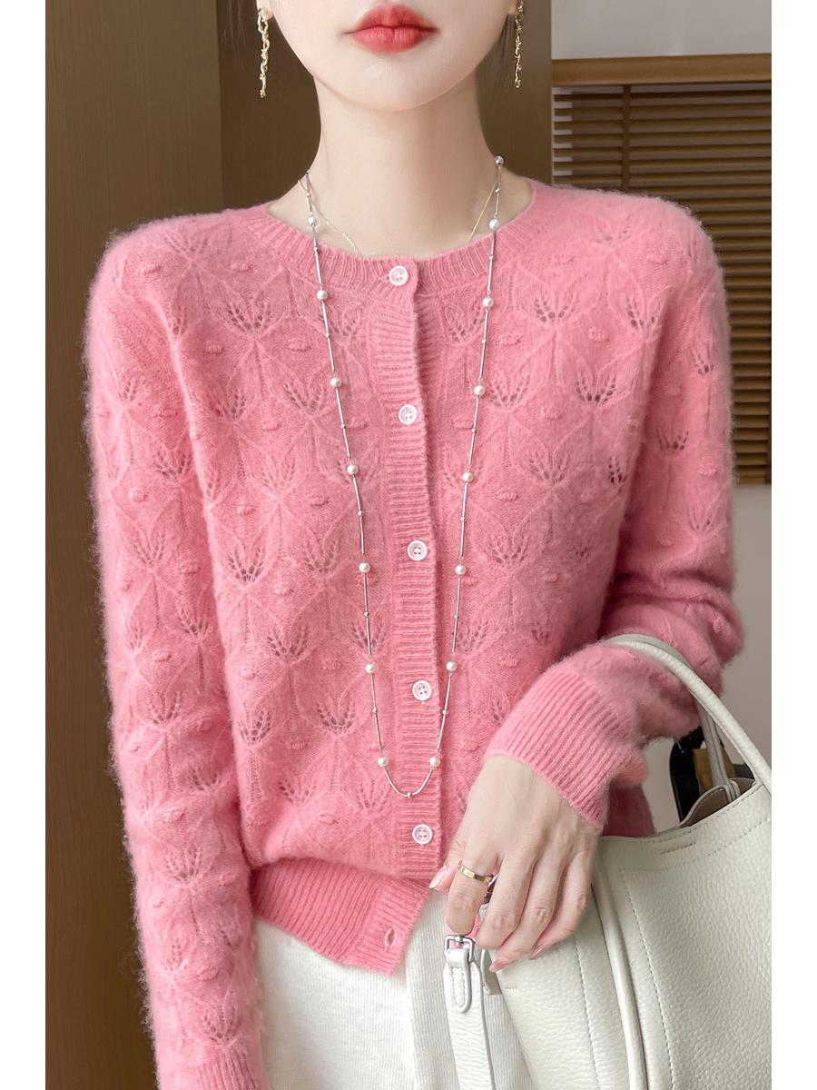 

Женский кардиган с круглым вырезом из 100% чистой шерсти – Легкий, ажурной вязки, свитер с длинным рукавом для весны и осени. XL 115-125 Jin