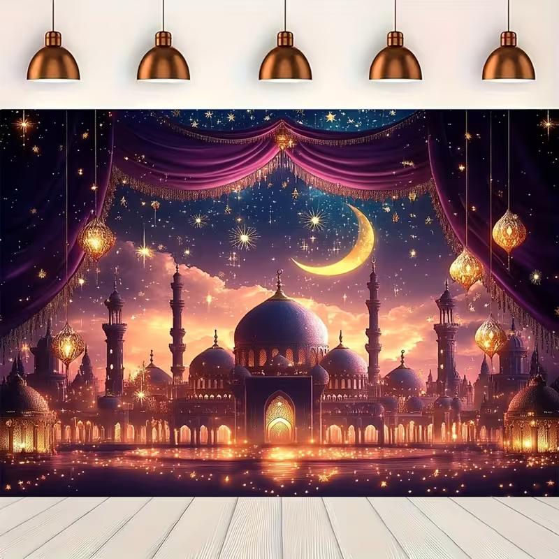 2D Elegant Islamic Tapestry, Night Mosque with Golden Lanterns