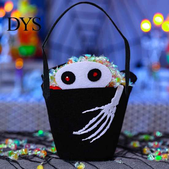 Halloween Candy Bucket Trick or Treat for Kids, Pumpkin Face Ghost Bat Cat Reusable Fabric Snack Basket, Holder with Handle Party Favors