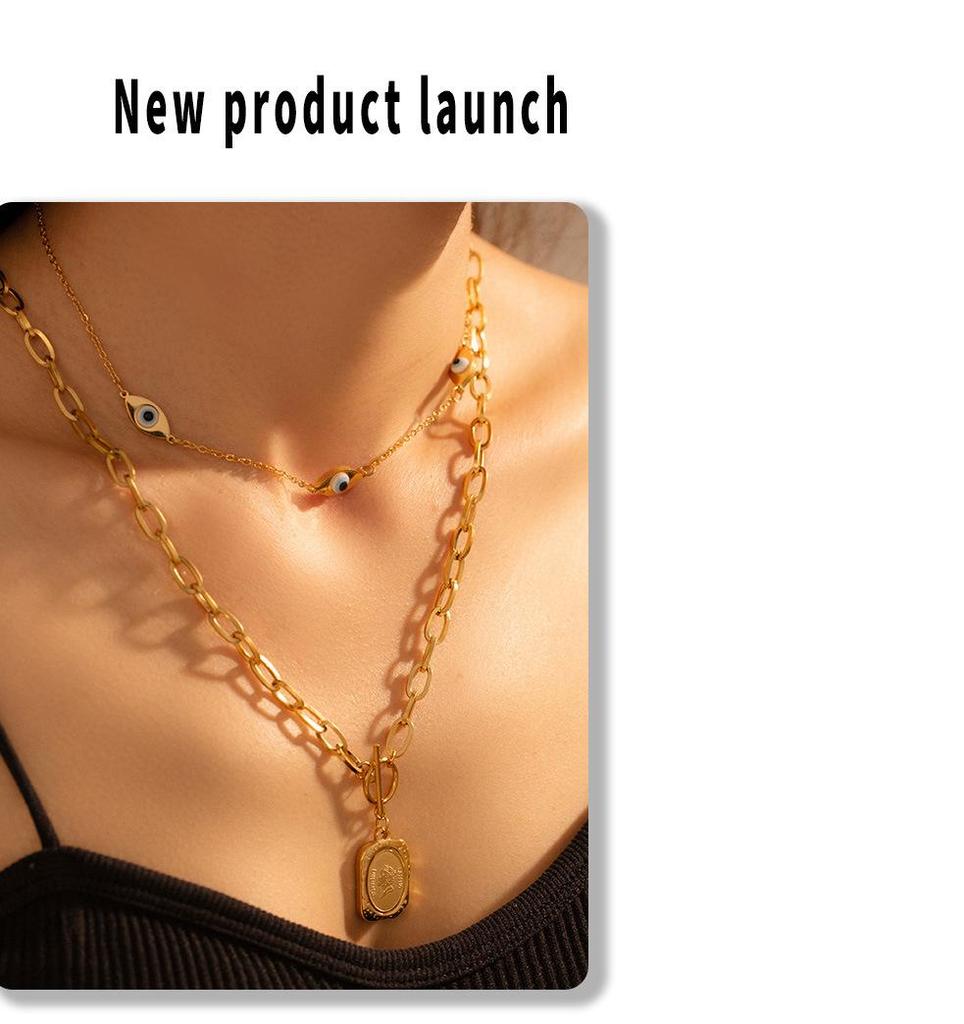18K Gold-Plated Titanium Steel Eye of the Devil Portrait Square Pendant Double Layer Necklace for Women