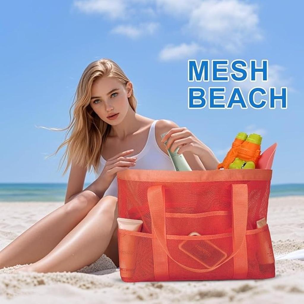 Mesh Beach Bag For Women Waterproof Beach Tote Bags With 9 Pocket For Family Quick-Drying Spacious