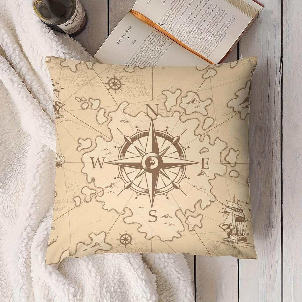 Vintage Nautical Map Linen Pillow Cover - Compass Design, Perfect Home Decor, Soft Cozy, Unique Gift Idea, Retro Style