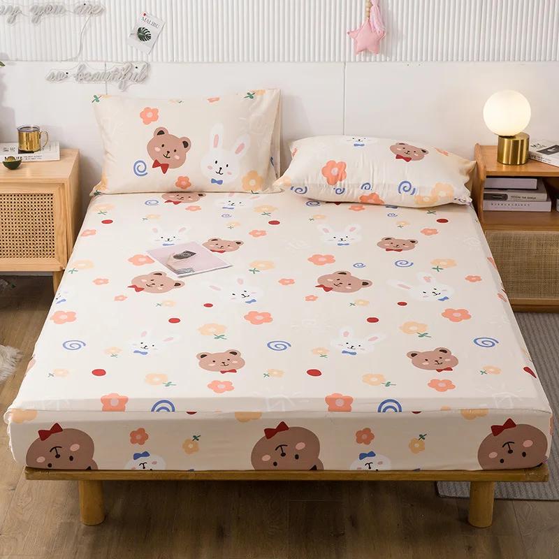 Pure Cotton Printed Fitted Sheet Only Non-Slip Protective Cover for Bedroom  (no Pillowcase)