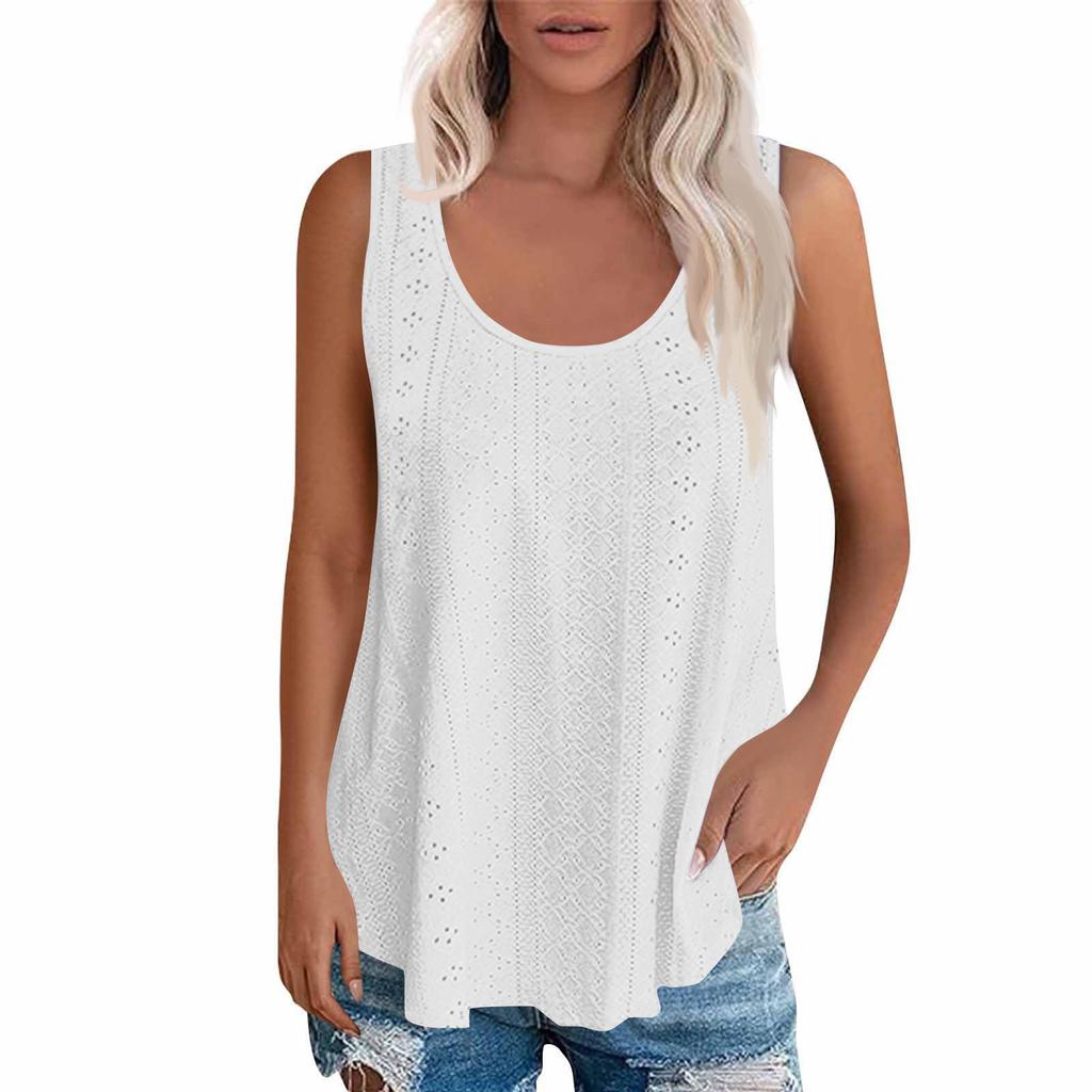 Sleeveless Eyelet Lace Tank Top for Women Casual Summer Scoop Neck Loose Fit Blouse Hollow Out Lightweight Shirt