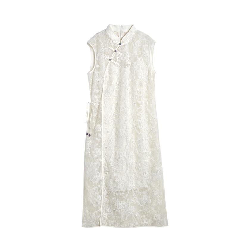 New Chinese Style Sleeveless Cheongsam Dress with Lace S