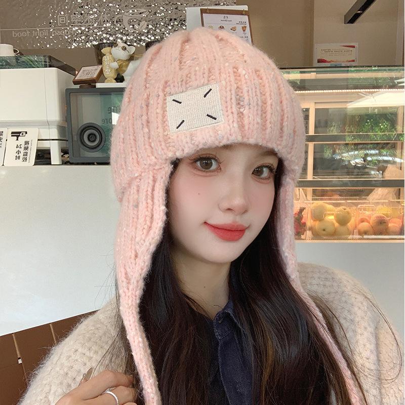 Cloth label wool hat women's winter thickened warm ear protection fashionable versatile cold-proof face small knitted hat