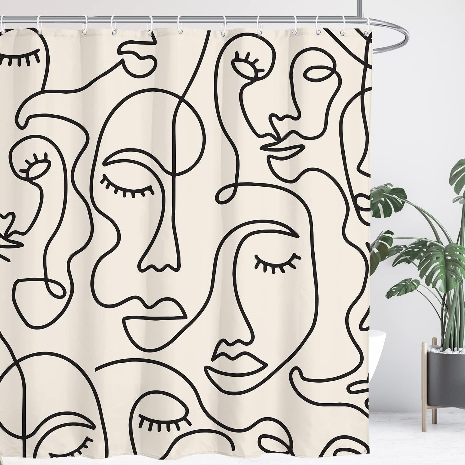 Abstract Women Face Bathroom Shower Curtain Minimalist Modern Line Art Black White Rose Contemporary Polyester Fabric Hooks 90x180CM