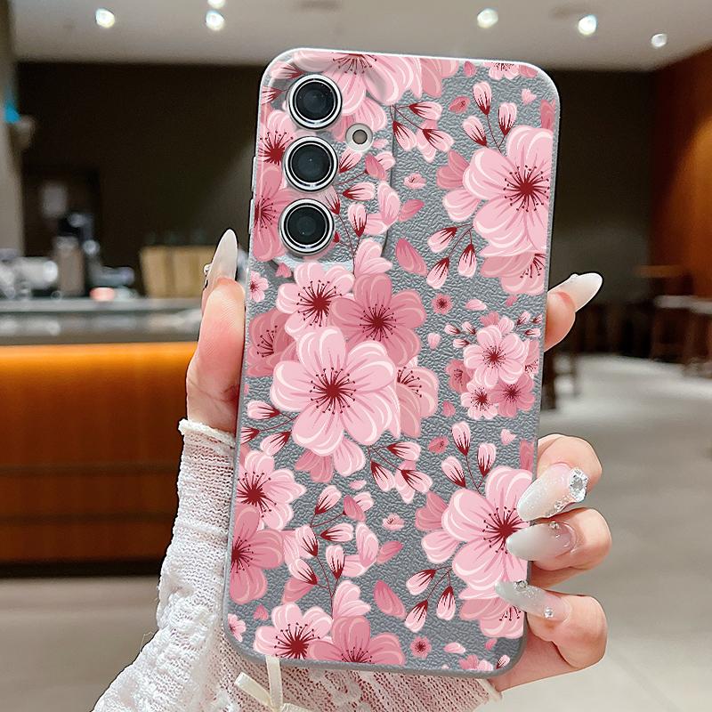 Pink Peach Blossom Case For Samsung S26 Ultra S25 Edge S24 S23 Plus S22 S21 FE A15 A16 A17 A35 A36 A54 A55 A56 A57 5G Leather Texture Soft Cover