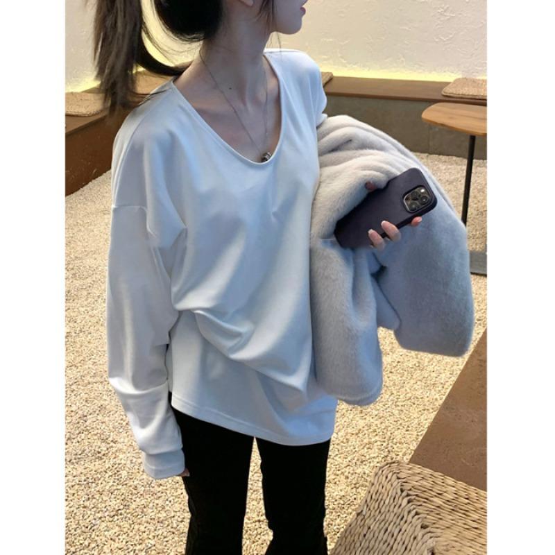 White Long-sleeved Shirt Women's Autumn and Winter Loose Version with Bottoming Shirt German Velvet Lazy Medium and Long Neck Top