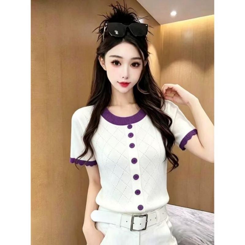 Knitted Top for Women In Summer, New Style, Front-opening Diamond-patterned, Open Wooden Ear Detail, Elegant Short-sleeved T-shirt Top