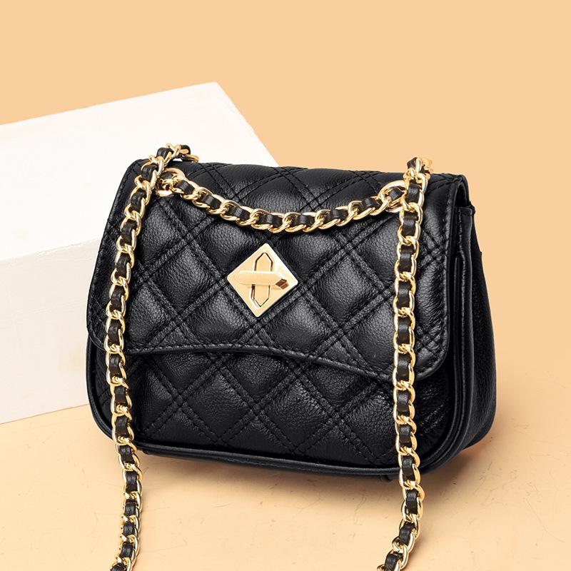 Leather Bag Women'S Xiaoxiangfeng First-Layer Cowhide Rhombus Chain Small Square Bag One Shoulder Messenger Bag