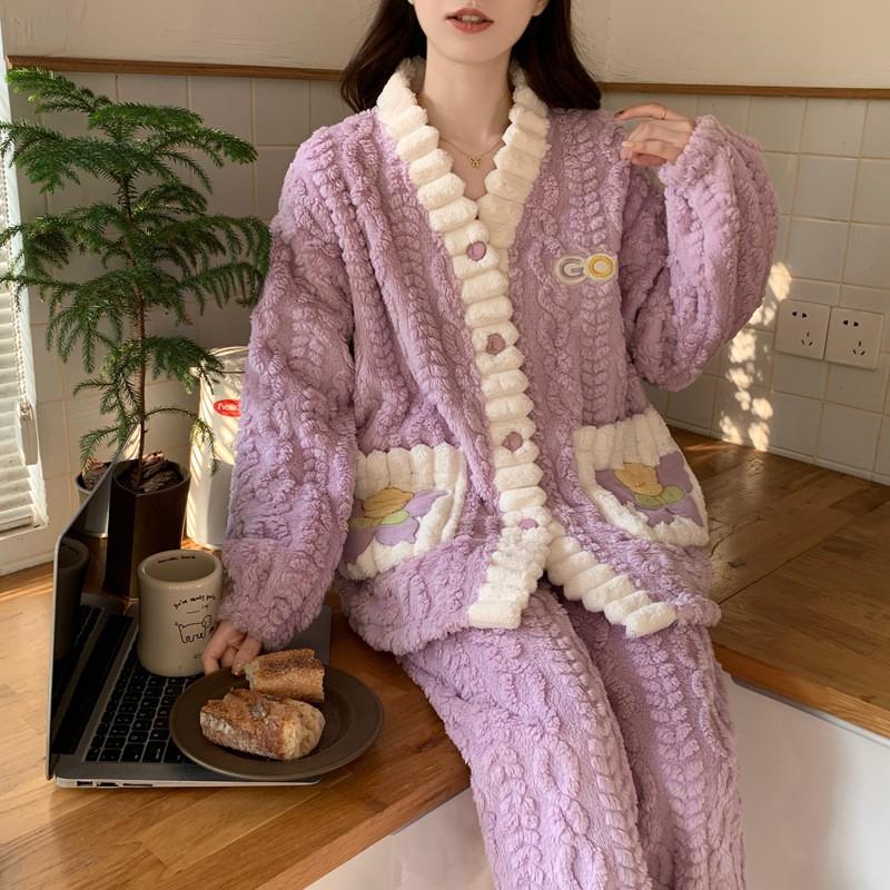 Soft Coral Fleece Pajama Set Women Winter Warm Thick Long Sleeve Lounge Wear Outfit