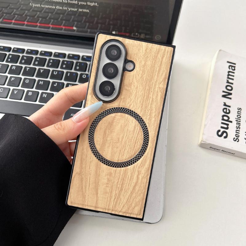 

For MagSafe Magnetic Wireless Charging PC+Imitation Wood Grain Leather Phone Case For Samsung Galaxy Z Fold 7 6 5 4 3 Back Cover Galaxy Z Fold4 бежевий