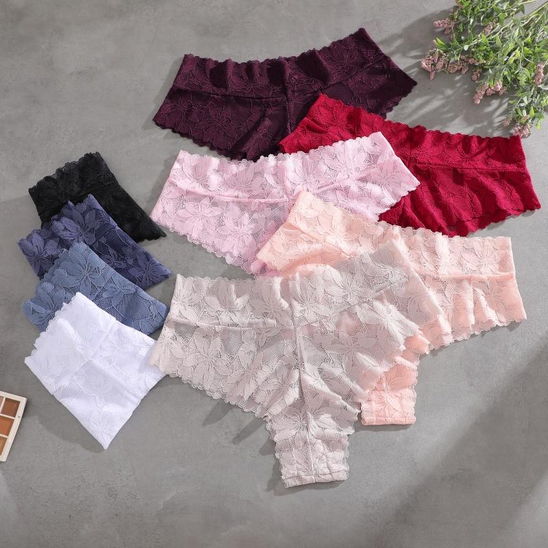 3Pcs/Set Women's High Waist Panties Ladies Sexy Lace Hollow Out Thong Breathable Transparent G-strings Solid Color Soft Lingerie