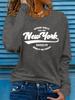 100% reines Polyester Damen Frühling und Herbst locker und bequem NEW YORK Buchstabenmuster bedruckt Langarm Rundhals T-Shirt