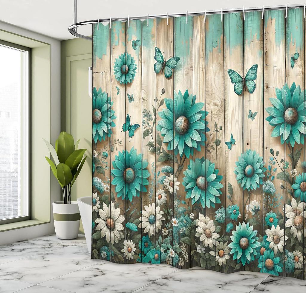Temu Wooden Door Shower Curtain with Butterflies & Flowers Design, Polyester Digital Print, Bathroom Curtain