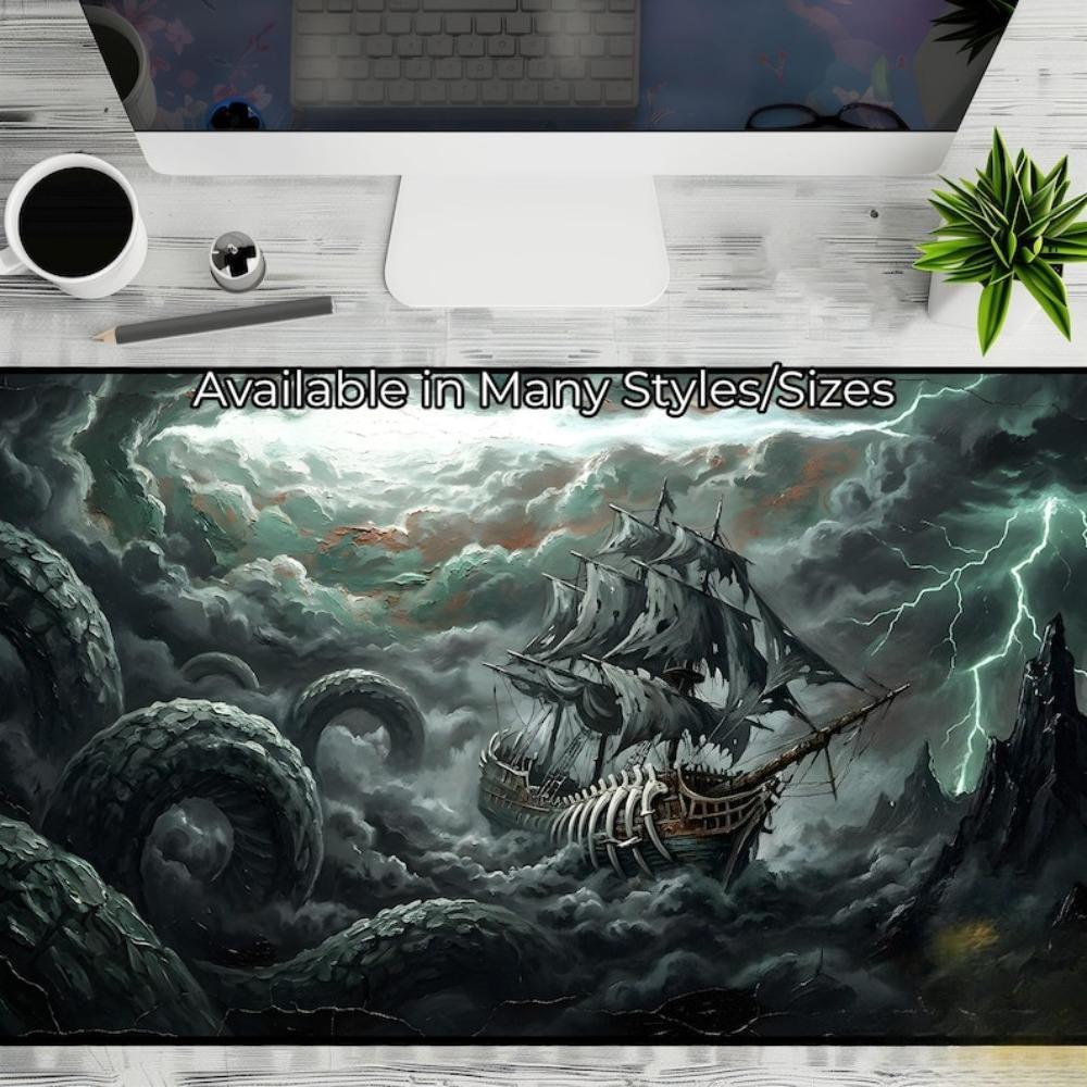Stormy Kraken Encounter Pirate Gaming Desk Pad Mousepad Alfombrillas Para Escritorio Tapis De Souris Desk Accessories