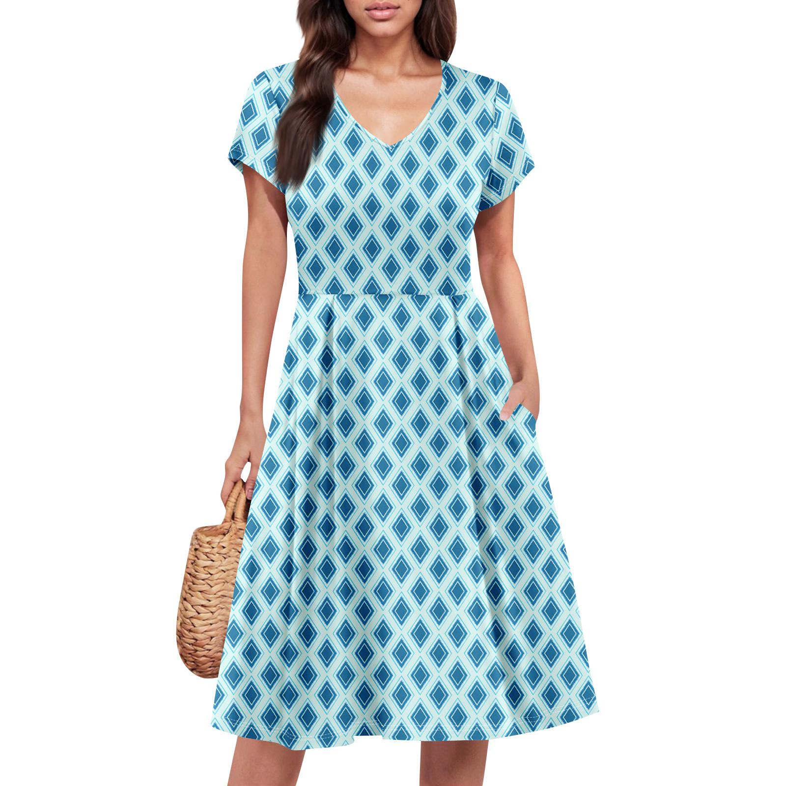 

Женское летнее платье с коротким рукавом, V-образным вырезом, короткое, модное, повседневное, летящее, А-силуэта, платье-сарафан с карманом XL синий