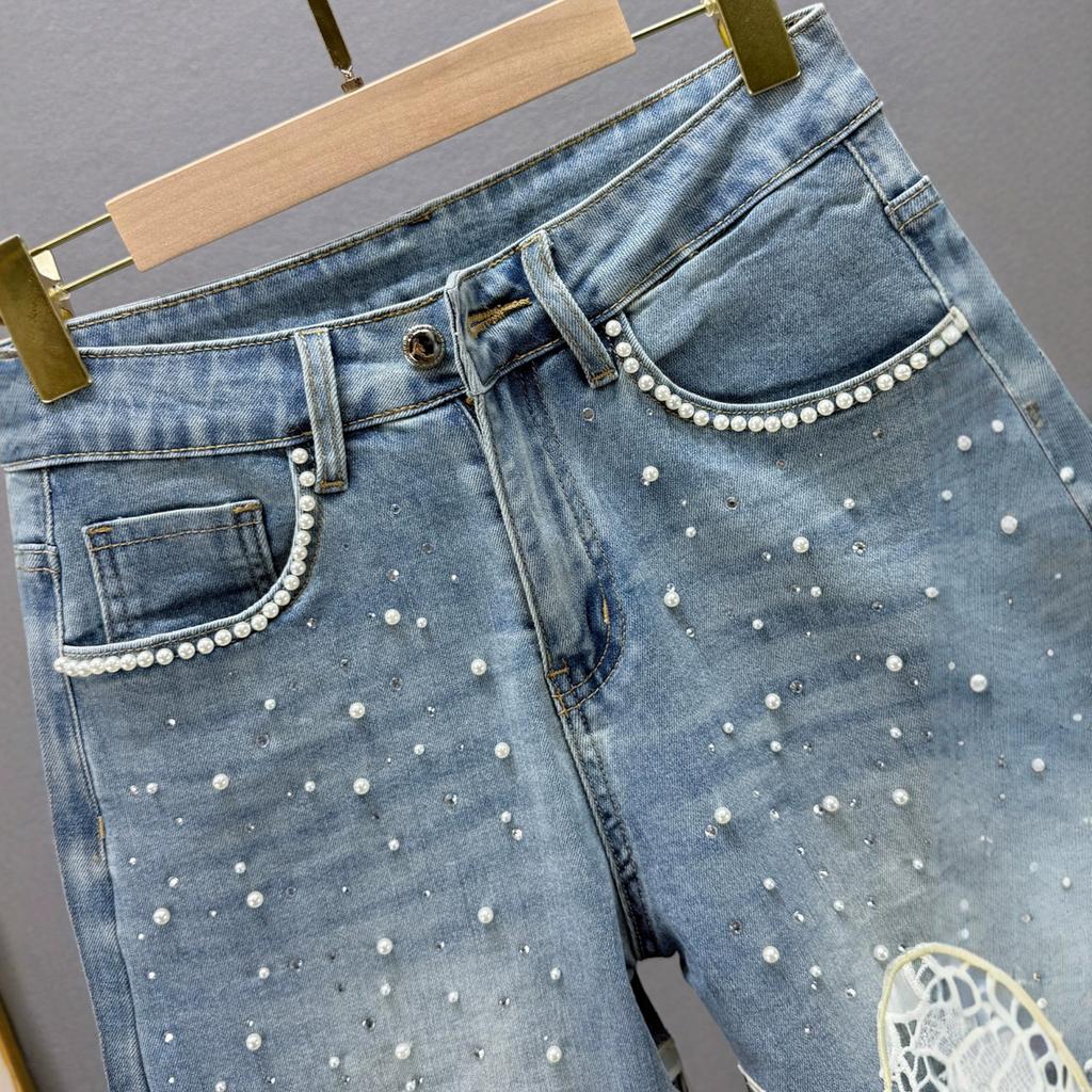 Beaded Diamond-embellished Denim Wide-leg Pants for Women, Summer New High-waisted Loose Lace Cutout Extended Pants Trendy