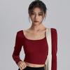 Womens Long Sleeve Yoga Top With Built-in Pads Square Neck Slim Fit Quick Dry Sports T-Shirt Running Pilates Gym