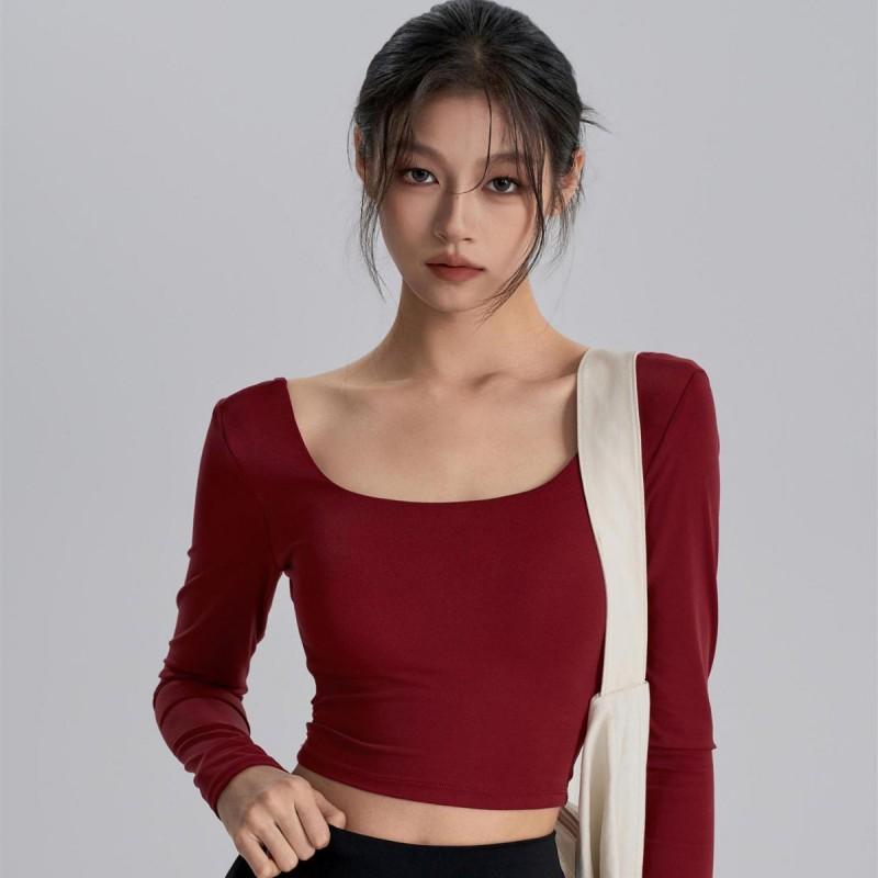 Womens Long Sleeve Yoga Top With Built-in Pads Square Neck Slim Fit Quick Dry Sports T-Shirt Running Pilates Gym